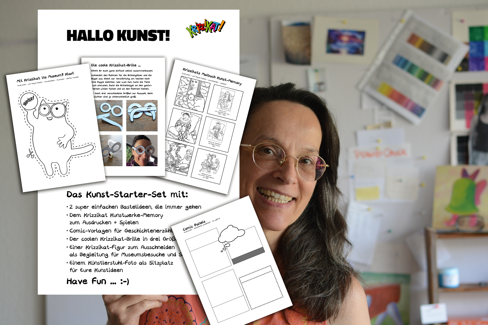 Rassel bauen | Frottage-Katze | Kunstwerke-Memory | Comic-Vorlagen | Krizzikat-Brille | Krizzikat-Selfie-Figur | Kreativ-Foto