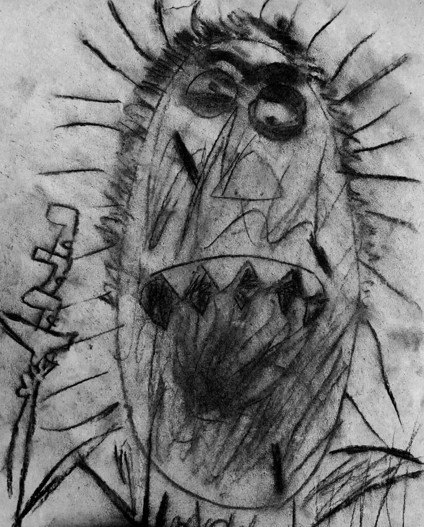 Beispiel für ein Monster als Kohlezeichnung aus der Grundschule