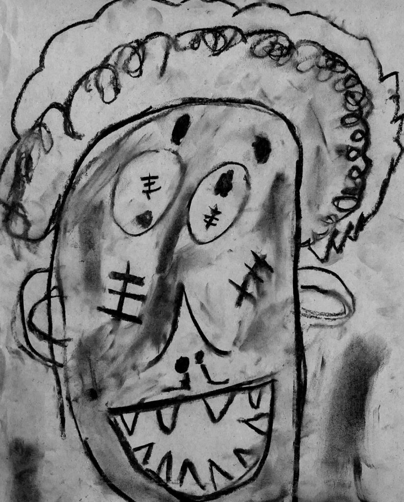 Beispiel für ein Monster als Kohlezeichnung aus der Grundschule